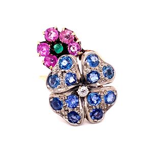 Sapphire & Rubies Flower 14k Gold Ring