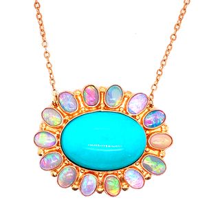 14k Gold Turquoise Opals Pendant