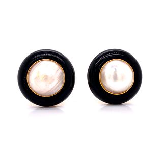 18k Mabe Pearl Onyx Earrings 