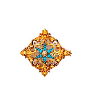 Victorian 15k Gold Turquoise Diamond Brooch
