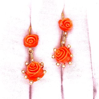 18k Coral Flower Drop Earrings