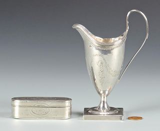 George III cream jug, snuff box