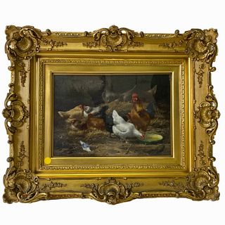 19th century chicken coop oil painting