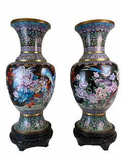LARGE Cloisonne Vases With Wooden Stands Chinese