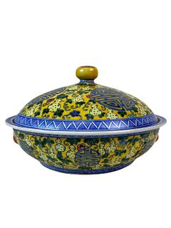 Large Chinese Yellow And Blue Covered Dish