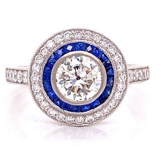 Deco Style Diamond Sapphire Halo Platinum Ring