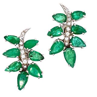 Emerald Diamond Leaf White Gold Earrings