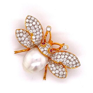 Diamond Pearl Bumble Bee Pin Pendant 18K YGold