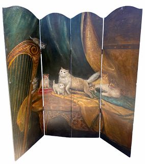 Four Panel Painted Screen, Artist Unknown "Cats"