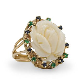 14k Gold, Angel Skin Coral and Precious Stone Ring