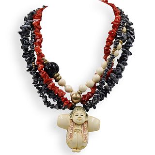 Multi Stranded Stone and Netsuke Pendant Necklace