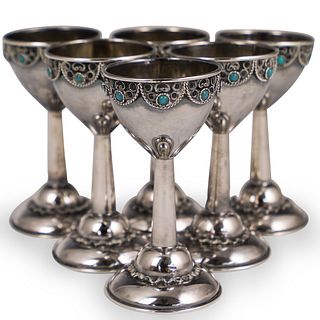 Six (6) Sterling Silver and Turquoise Kiddush Cups