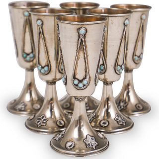 Six (6) Sterling Silver and Turquoise Kiddush Cups