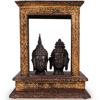 Pair of Antique Buddha Heads In ShrineÂ