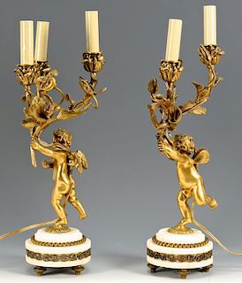 Pr. French Bronze Cherub Figural Lamps