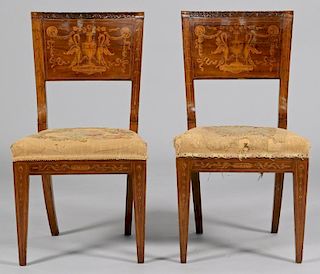Pair European Marquetry Side Chairs