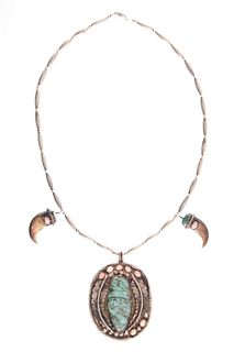 Navajo Silver Turquoise & Bear Claw Necklace