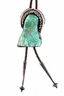 Signed Navajo Silver & Turquoise Nugget Bolo
