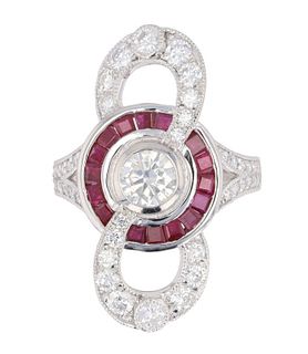 Art Deco Infinity Diamond & Ruby Platinum Ring