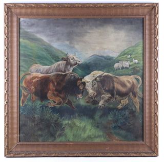 Framed Welsh Bulls Fighting Painting c. 1800s