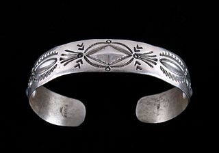 Signed Navajo Embossed Sterling Silver Bracelet