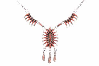 Navajo Sterling Silver Petite Point Coral Necklace