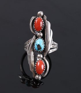 Navajo Sterling Turquoise & Coral Ring