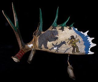 Painted Moose Antler Shed w/ Native American Scene