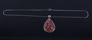 Signed Navajo Sterling & Coral Pendant Necklace