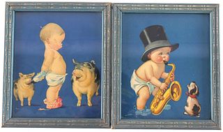 Watercolored Painting Babies with Dogs & Pigs