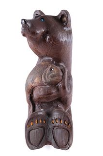 Contemporary Hardwood Carved Bear & Fish