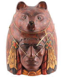 Carved Wooden Indian and Bear Headdress