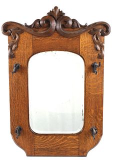 Victorian Oak Framed Hall Mirror With Coat Hooks