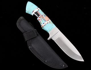 Mexican Turquoise & Inlay Handle Knife With Sheath