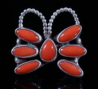 Signed Navajo Sterling Silver & Coral Ring