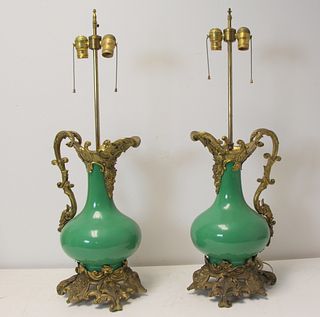 Pair Of Antique Bronze And Porcelain Ewers.