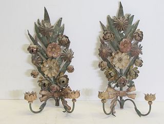 Antique Pair Of Tole Floral Form Sconces