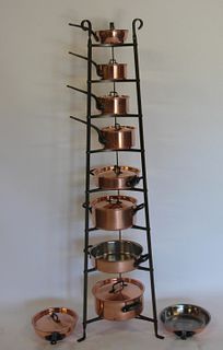 Collection Of Bourgeat Copper Pots On Iron Stand.