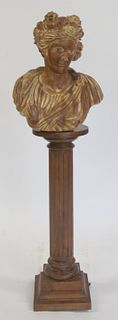 Antique And Finely Carved Wood Bust On Pedestal.