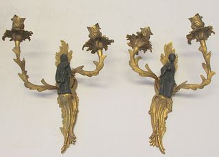 Antique Pair Of Gilt Bronze Sconces With Patinated