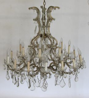 Large  Antique Glass Chandelier With Glass Drops