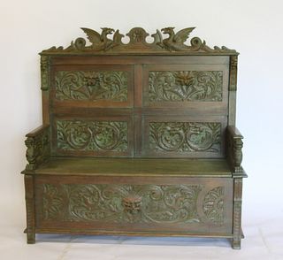 Antique Highly Carved Oak Bench In The Style Of