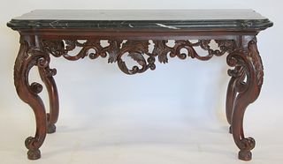 Highly Carved Mahogany Marble Top Console