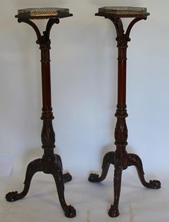Pair Of Carved Mahogany Pedestals With Brass