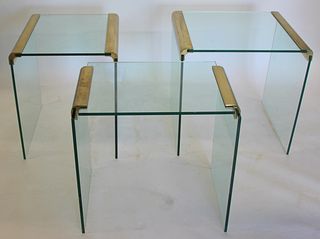 3 Vintage Brass And Glass Tables.