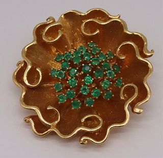 JEWELRY. 18kt Gold and Emerald Floral Brooch.