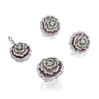 Multi-Colored Gemstone and Diamond Flower Set