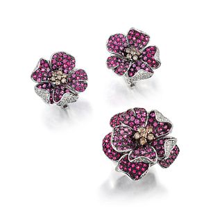 Multi-Colored Pink Sapphire and Diamond Flower Ring and Earrings Set