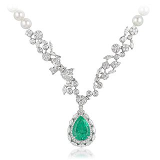 6.50-Carat Colombian Emerald Cultured Pearl and Diamond Necklace