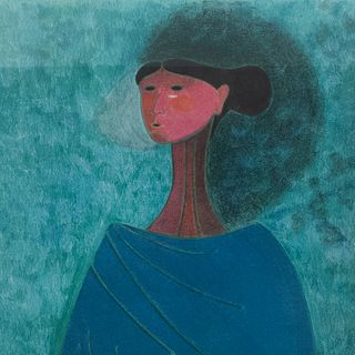 TRINIDAD OSORIO (Ciudad de México, 1929 - Ciudad de México, 2002) Dama con tocado azul. Firmada. Serigrafía, 97 / 100. Enmarcada.